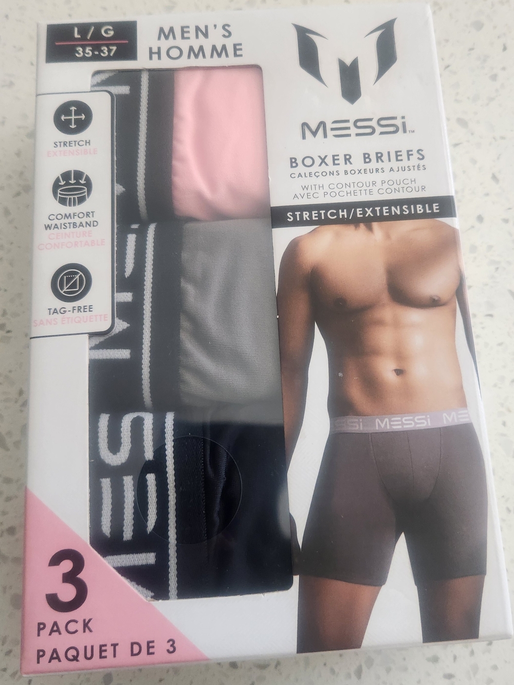 MESSI Men’s 3-Pack Boxer Briefs — Pink, Gray & Black. Size L. NEW